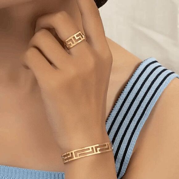Gold Greek Cut-Out Bracelet and Ring Set - Picture 5 of 5